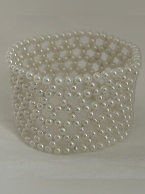 Vintage cuff bracelet White Pearl Beaded Stretchy netted lattice faux pearl